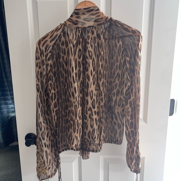 BLUMARINE Chiffon Leopard Print Sheer Blouse Gold Embellished Embroidered Sz 42 - Picture 5 of 8